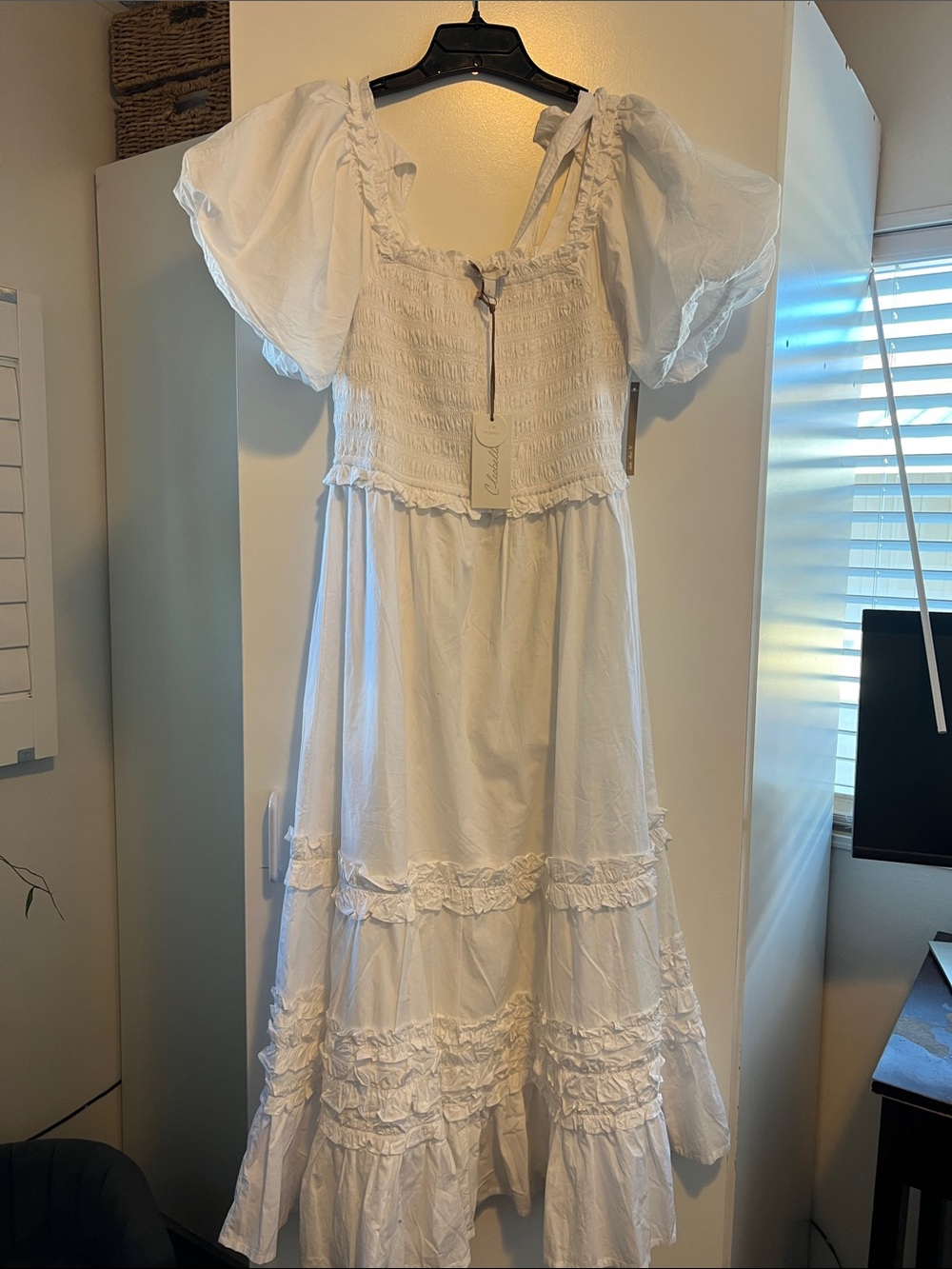White Puff-Sleeve Smocked Bodice Dress